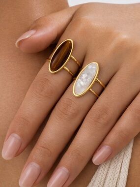2pcs Stainless Steel Gold Rhombus Open Rings Set With White And Brown